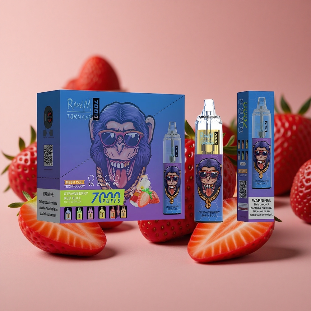 RandM Fumot Tornado 7000 Puffs Strawberry Red Bull Mesh Coil Air-Adjustable New Zealand wholesale suppliers